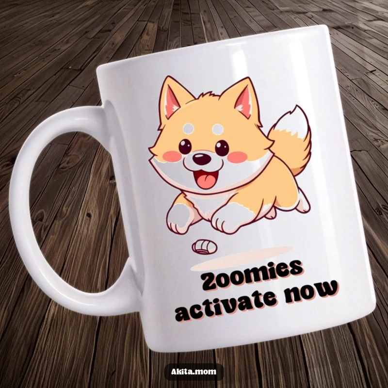 Funny Kawaii Akita mug capturing a happy, bounding run with ears flying, radiating pure, unadulterated canine joy and freedom.