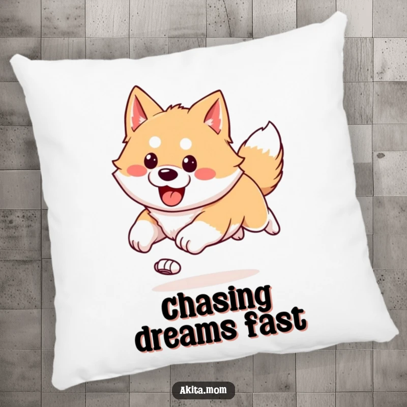 Funny Kawaii Akita pillow depicting a happy, bounding run with ears flying, offering comfort and a sense of dynamic energy.