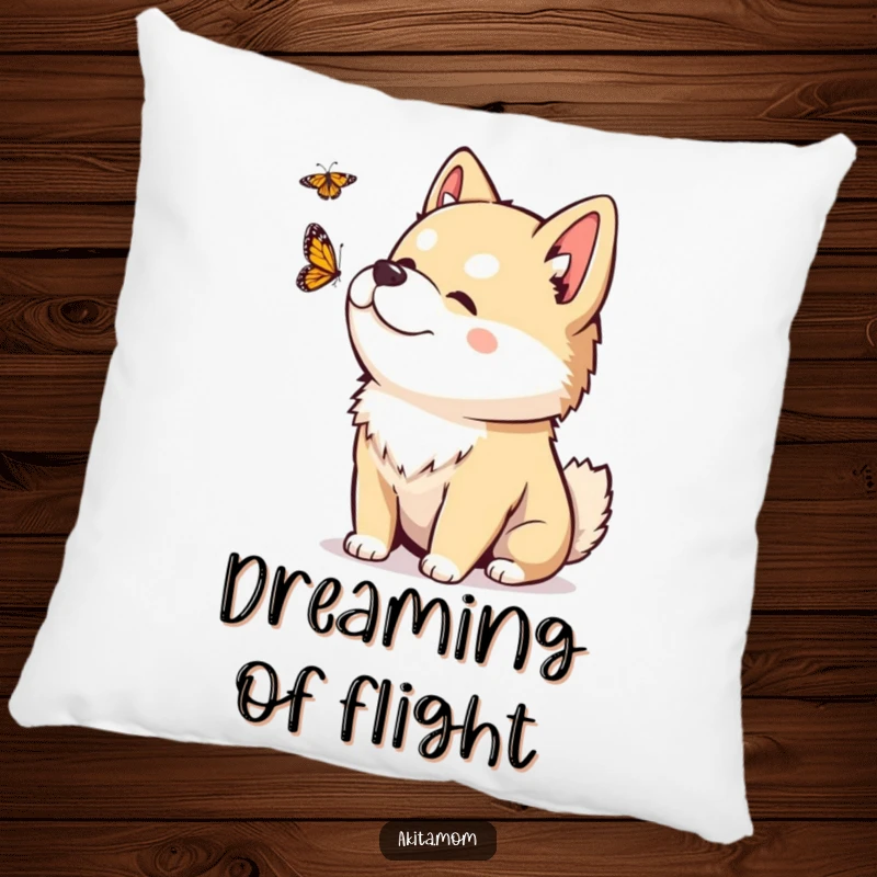 Funny Kawaii Akita pillow with a playful head tilt, observing a fluttering butterfly, offering comfort and a sense of peaceful observation.