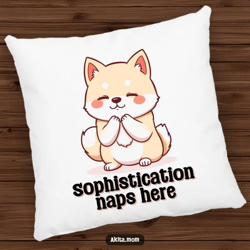 Funny Kawaii Akita pillow showcasing a dog in a dignified posture bowing politely, perfect for adding a touch of serene humor.