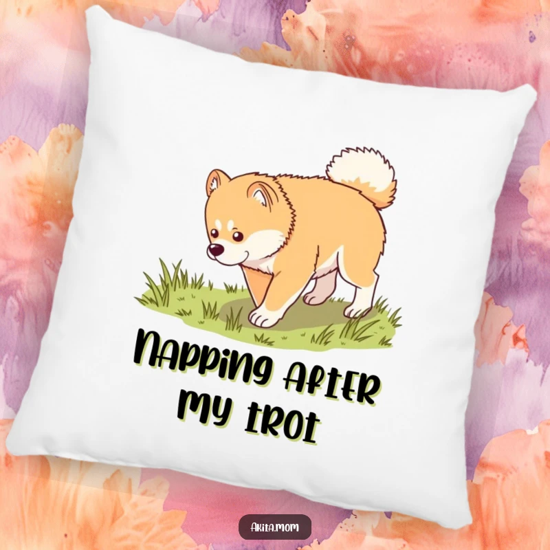 Funny Kawaii Akita pillow, depicting a dog in a dignified trot exploring grass, perfect for adding comfort and a touch of canine peace.