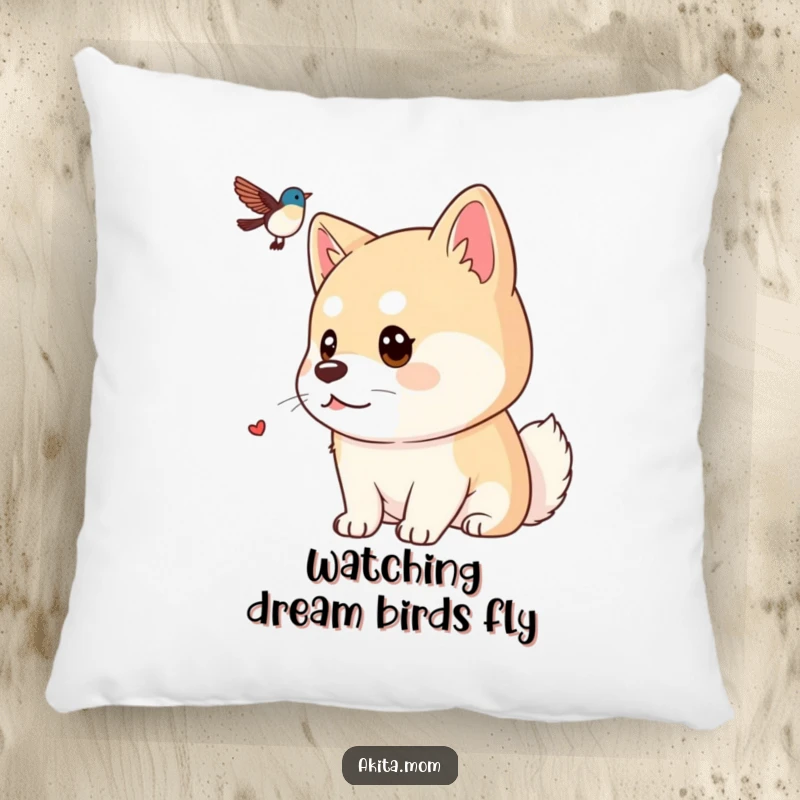 Funny Kawaii Akita pillow, depicting a dog with a focused gaze intently watching a distant bird, perfect for adding comfort and a touch of canine attention.