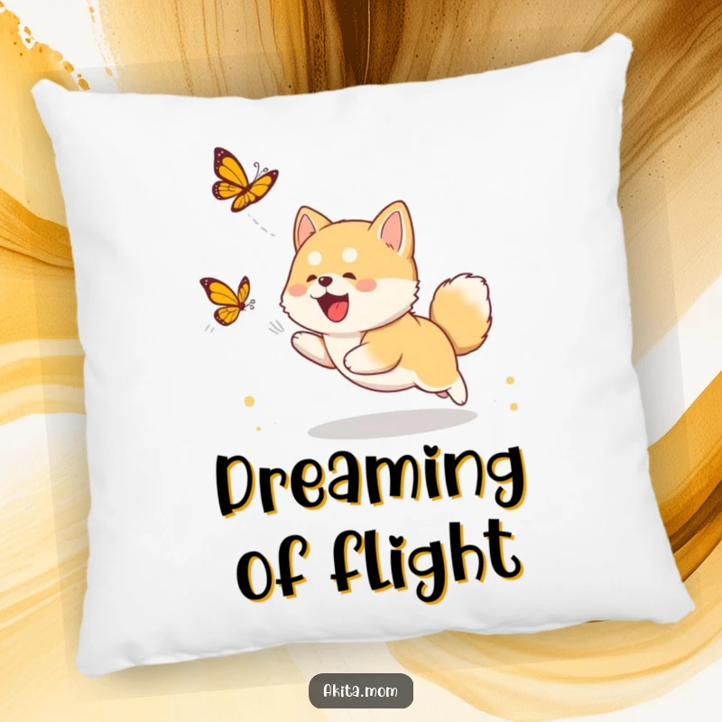 Funny Akita cub pillow showcasing a cute puppy chasing a butterfly, offering comfort and a touch of puppy humor.