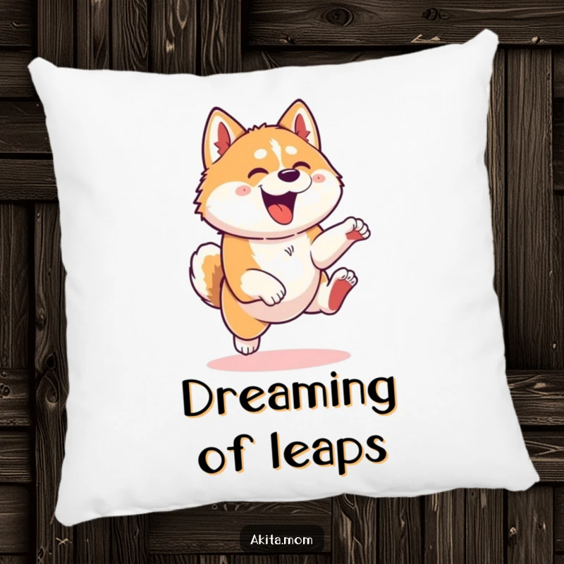 Funny Kawaii Akita dog pillow, depicting a joyful leap, offering plush comfort and a humorous touch to any space.