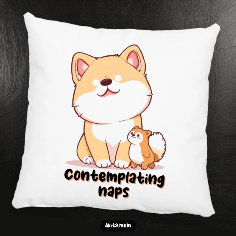Funny pillow featuring an Akita dog in a sweet head tilt pose, looking with curiosity at a beloved toy.
