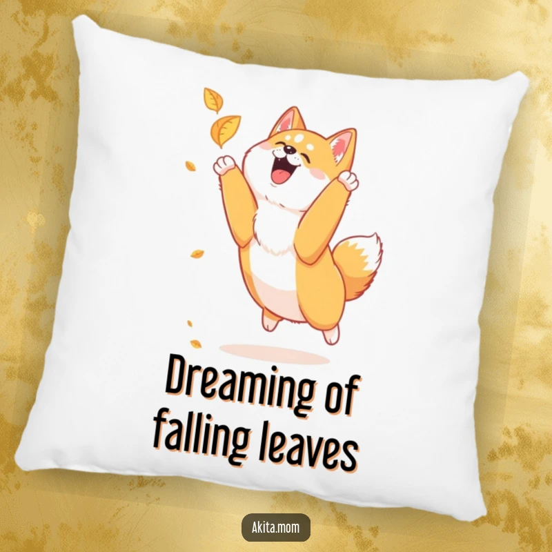 Funny Akita leaf chase pillow showcasing a loyal Akita joyfully leaping to catch a falling leaf, perfect for cozying up.