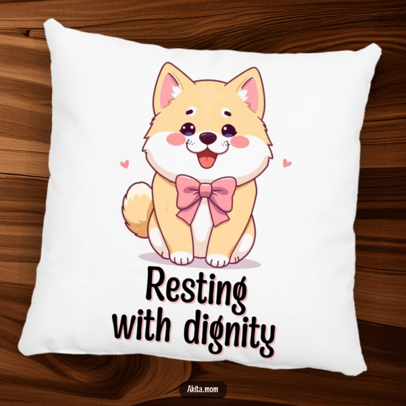 Funny Akita pillow featuring a dog doing a playful bow. Soft, humorous home decor, an ideal gift.