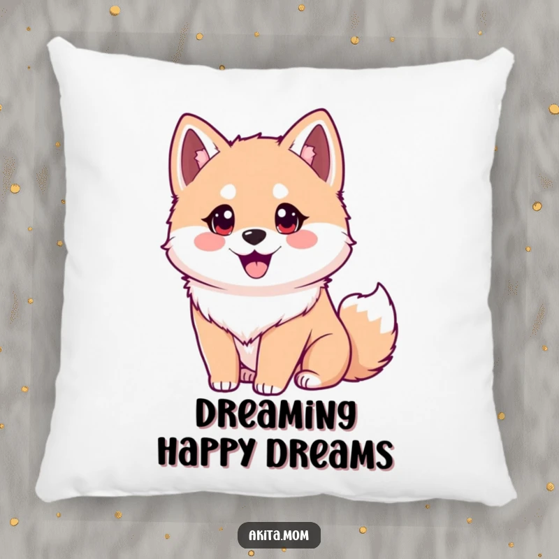 Funny Akita pillow featuring an eager dog face with bright eyes and a wagging tail. Humorous home decor, great gift.