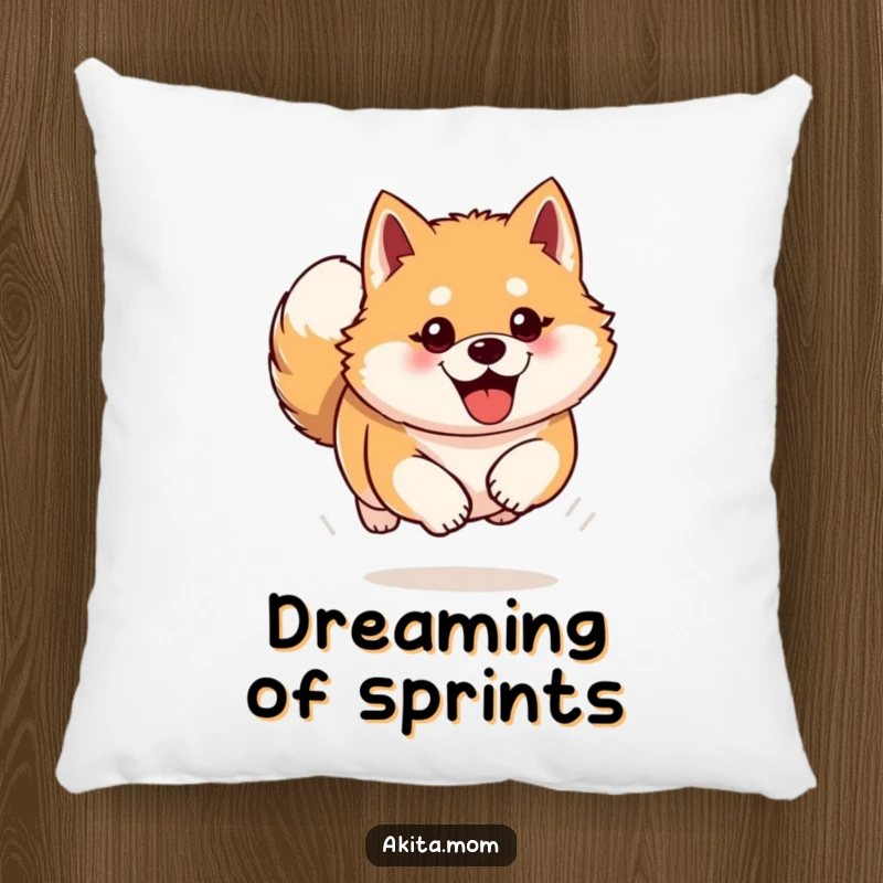 Funny Akita pillow featuring a dog bounding forward with enthusiasm. Soft, humorous home decor, an ideal gift.