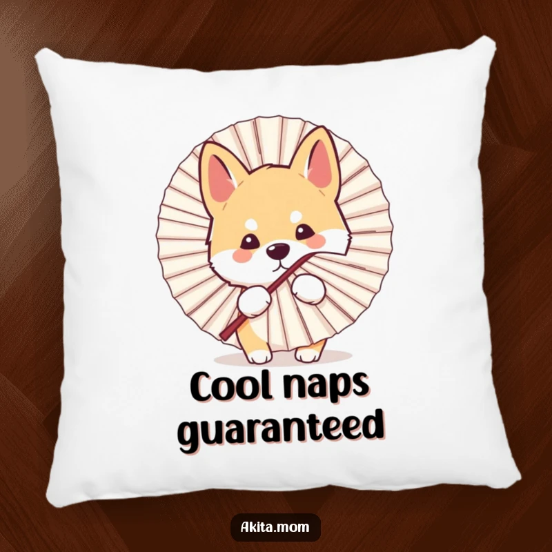 Funny Kawaii Akita dog pillow, depicting a playful peek from behind a fan, offering soft comfort and a touch of hide-and-seek humor.