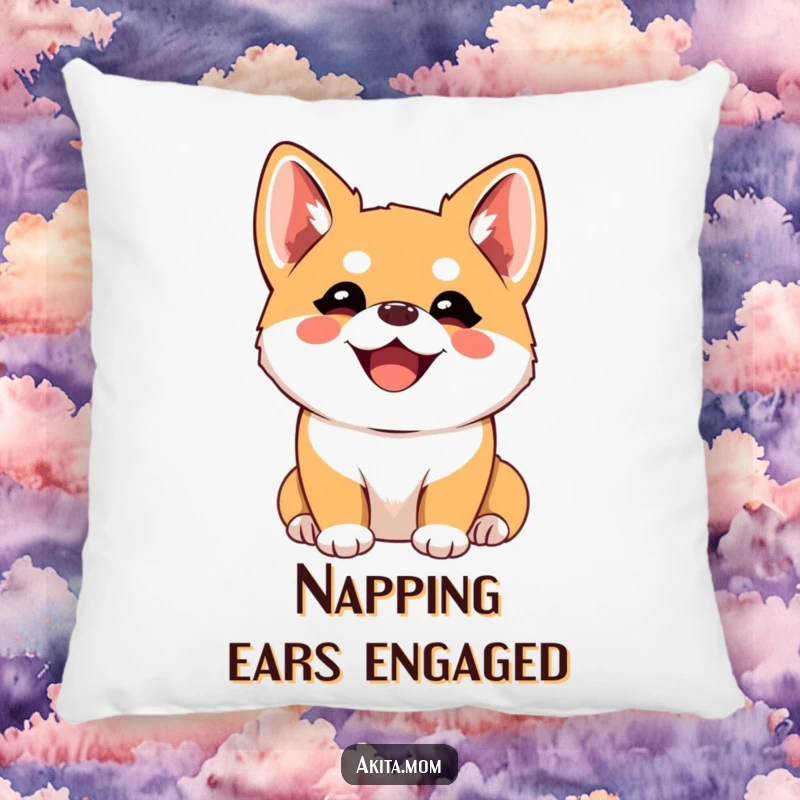 Funny Kawaii Akita Pillow, a happy dog with perked ears listening intently, soft and decorative, ideal funny gift.