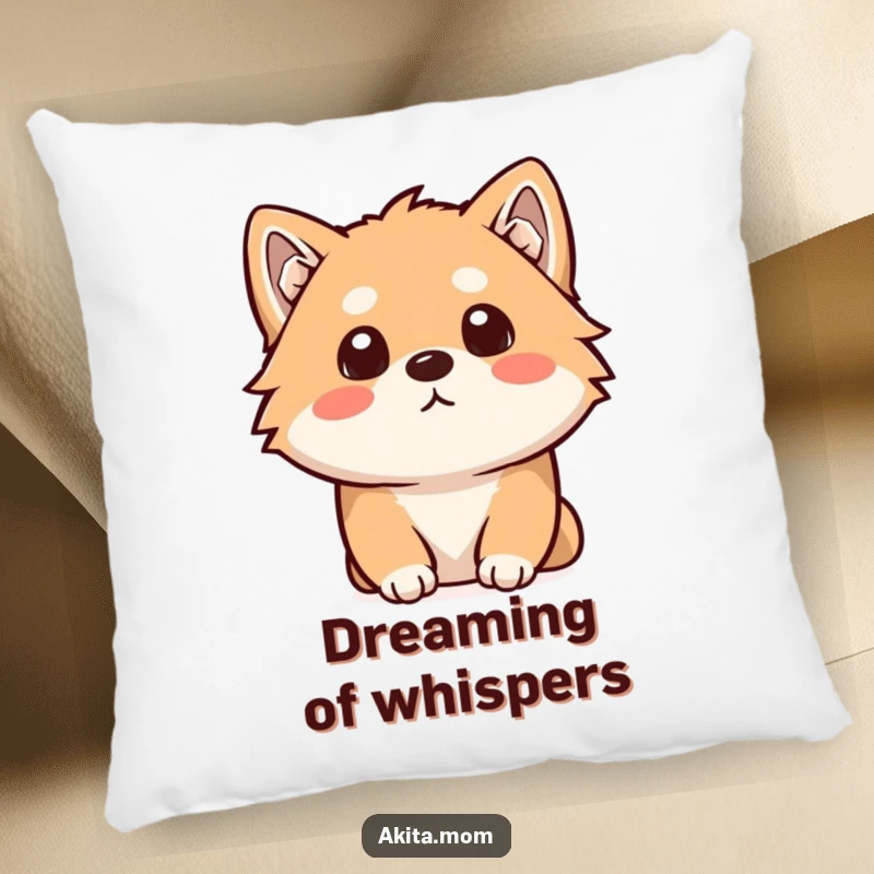 Funny Kawaii Akita pillow depicting a dog with a curious head tilt, listening intently. Comfortable and humorous decor.