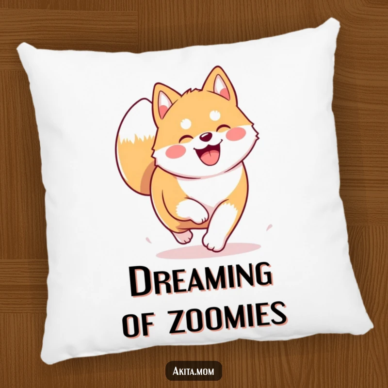 Funny Kawaii Akita pillow showing a dog trotting joyfully. Soft, comfortable, and humorous home accent.