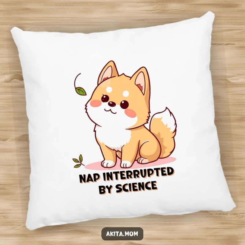 Funny Kawaii Akita pillow, a cute dog curiously watching a leaf, perfect for cozy comfort and contemplation.