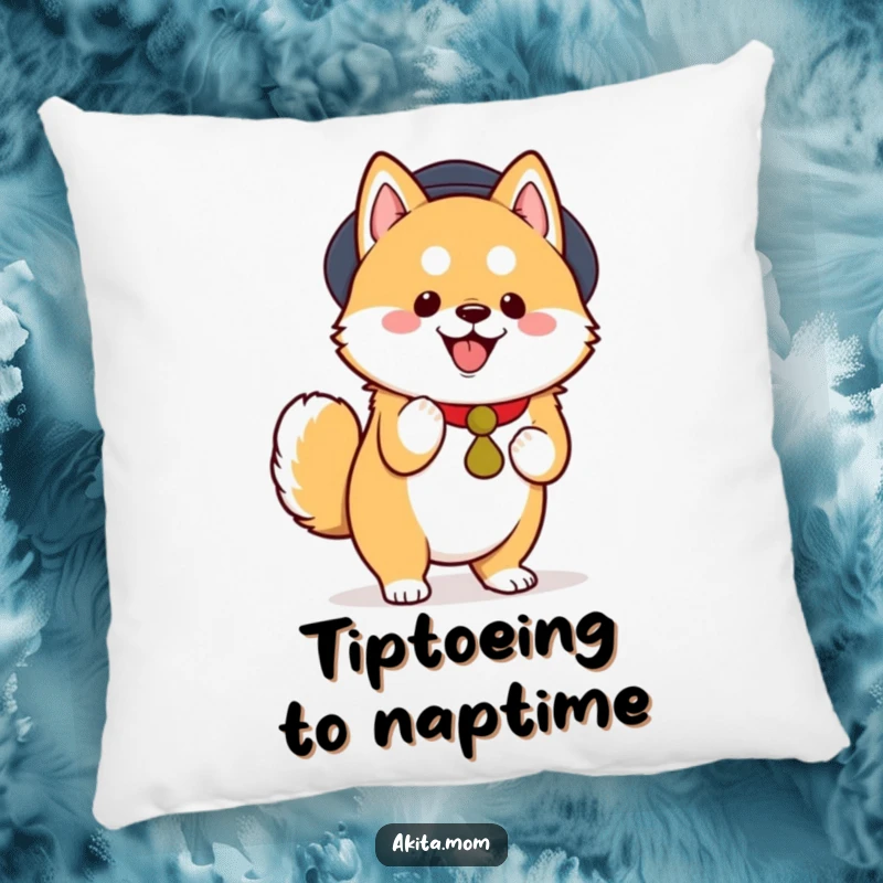 Funny Kawaii Akita Pillow, a happy dog performing a dignified, joyful tiptoe, soft and decorative, ideal funny gift.