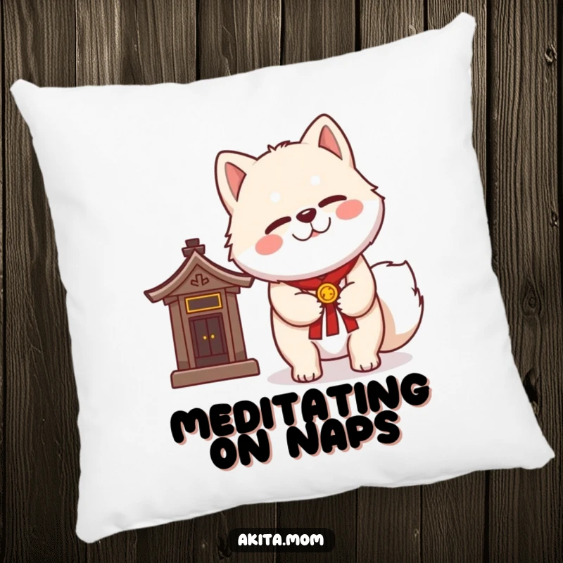 Funny Kawaii Akita pillow with a dignified wink, standing next to a miniature shrine, offering comfort and a sense of peaceful charm.