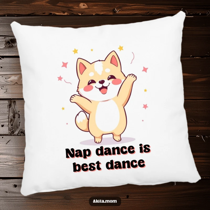 Funny Kawaii Akita dog pillow, featuring a cute dog doing a happy dance, perfect for adding comfort and humor to any room.