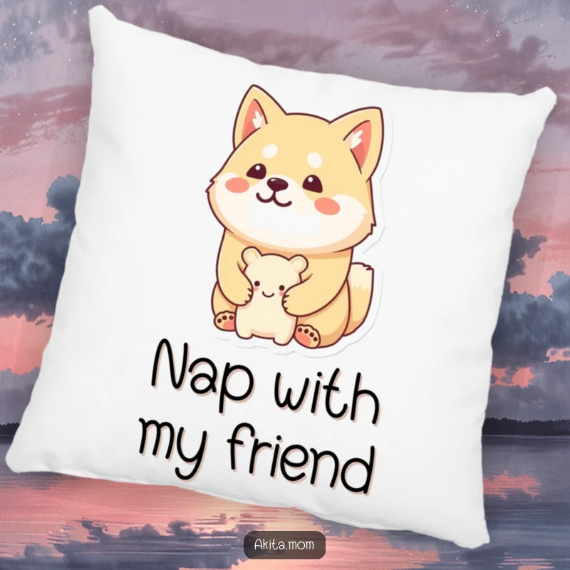 Funny Kawaii Akita pillow with a happy, stoic expression, guarding a tiny, smiling toy, offering comfort and a sense of security.