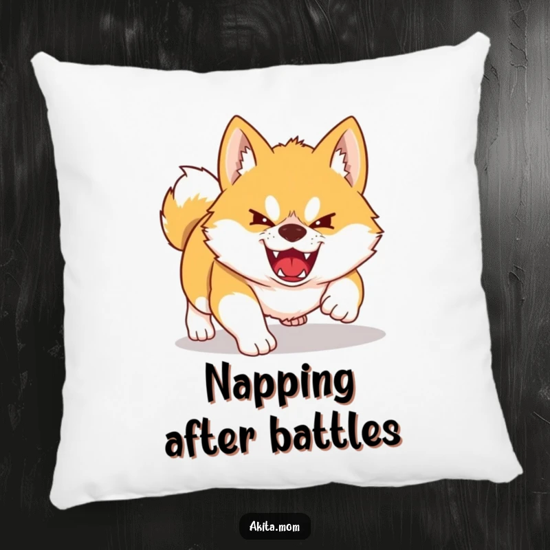 Funny Kawaii Akita pillow depicting a dog playfully pouncing. Fierce yet adorable design for cozy humor.