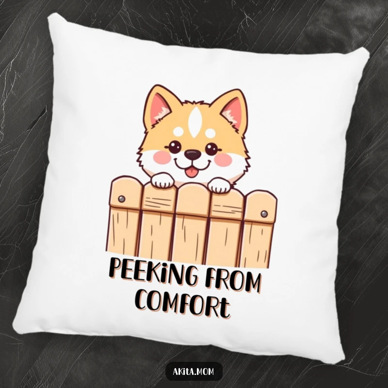 Funny Kawaii Akita pillow features a cute dog peeking over a fence with a friendly and curious expression, adding charm.