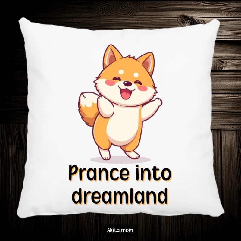 Funny Kawaii Akita Pillow: Adorable dog character in a funny, spirited prance, offering comfort and a touch of kawaii charm.