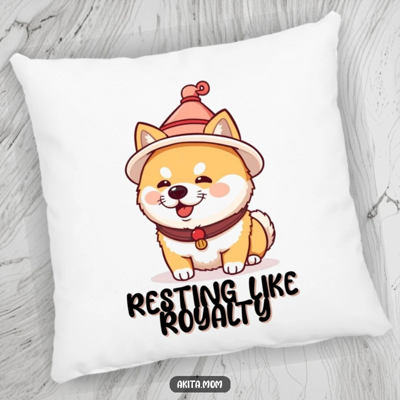 Funny Akita pillow featuring a dog in a tiny traditional Japanese hat. Soft, humorous, and a culturally inspired gift.