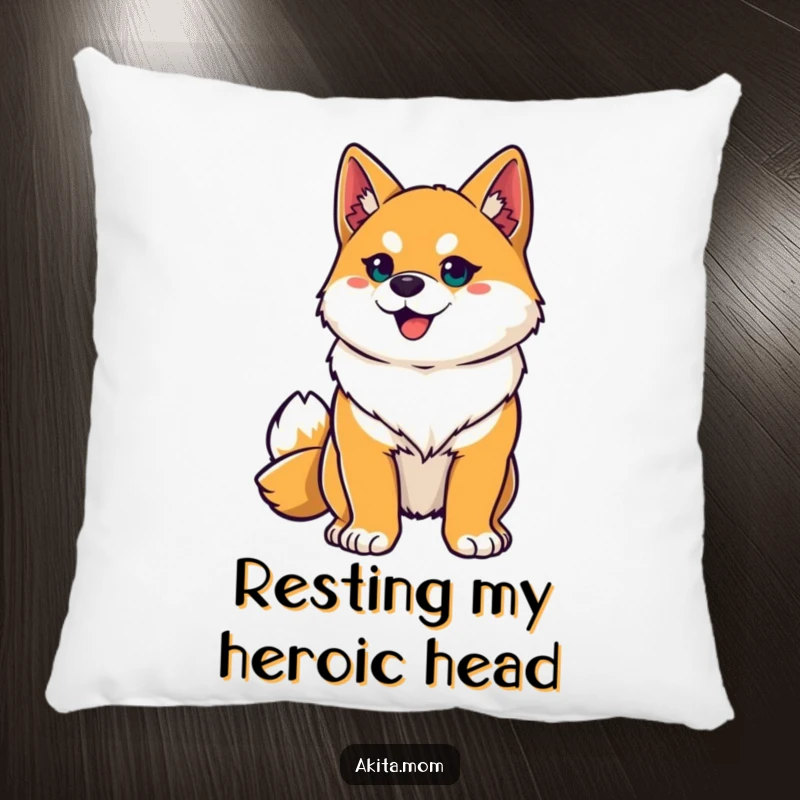 Funny Akita hero pillow featuring a plush, proud Akita in a heroic stance, offering comfort and comedic value.