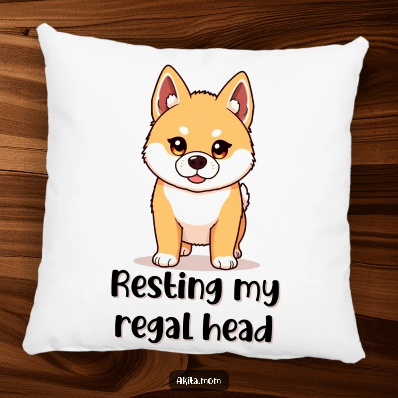 Funny Kawaii Akita pillow displaying a proud dog with a stoic expression and pricked ears. Comfortable and humorous home decor.