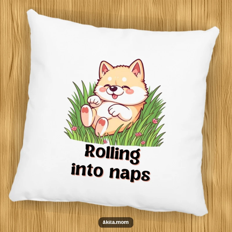 Funny Kawaii Akita dog pillow, featuring a dog rolling playfully in the grass, perfect for cozying up with fun.