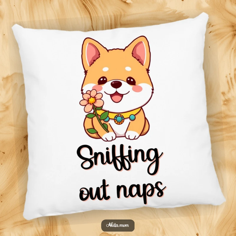 Funny Kawaii Akita Pillow with a decorative collar and one bright flower, a soft and cute dog-themed cushion.