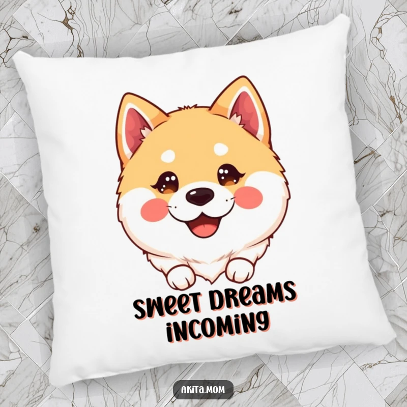 Smiling Kawaii Akita Pillow: A cute, smiling kawaii Akita with sparkling, happy eyes, offering comfort and charm.