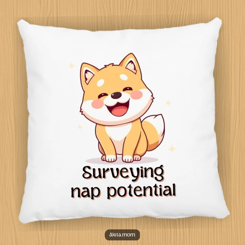 Funny Alert Akita Pillow: Cute dog performing a joyful, alert survey, offering comfort and a touch of vigilance.
