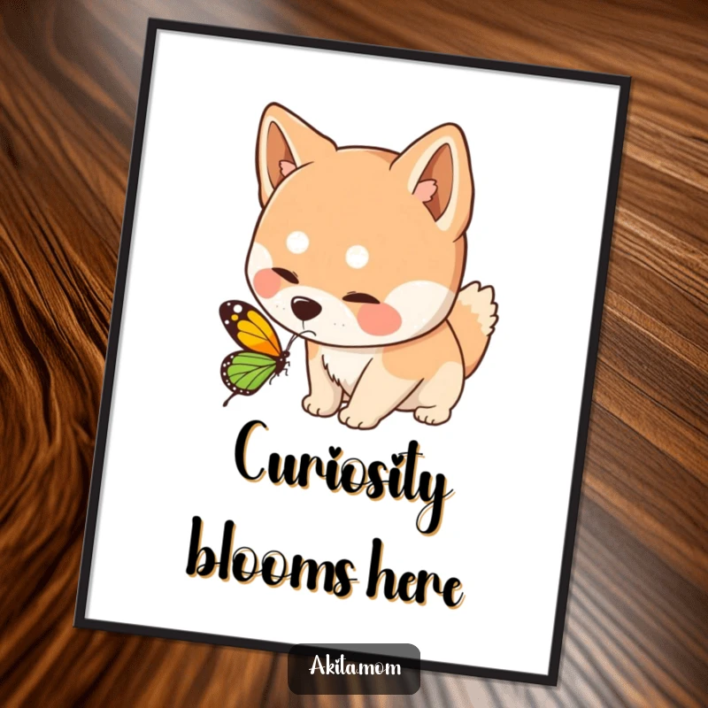 Funny Kawaii Akita dog digital art print, showing a curious sniff at a butterfly, perfect for instant download and whimsical, gentle decor.