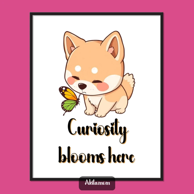 Funny Kawaii Akita Dog Sniffing Butterfly Digital Print - Instant Whimsical Art Gift!