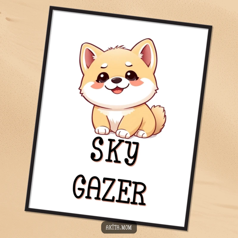 Funny Akita cub digital art print of a cute puppy looking upwards with alert ears, offering instant downloadable humor and charm.