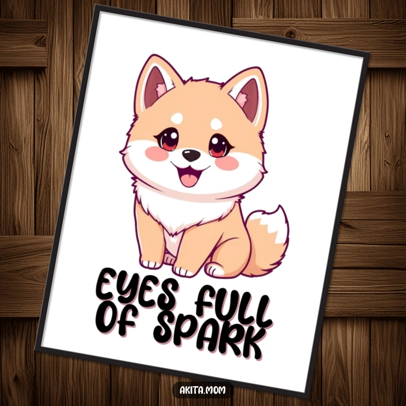 Funny Akita digital art print of an eager dog with bright eyes and a wagging tail. Humorous and downloadable gift.