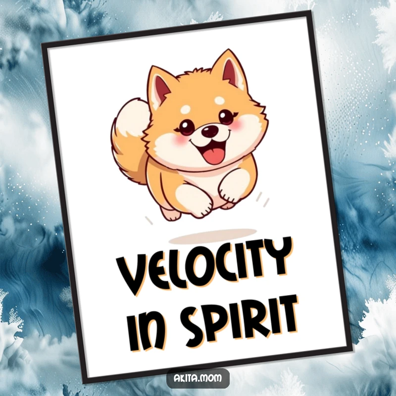 Funny Akita digital art print of a dog bounding forward with enthusiasm. Humorous and downloadable gift for framing.