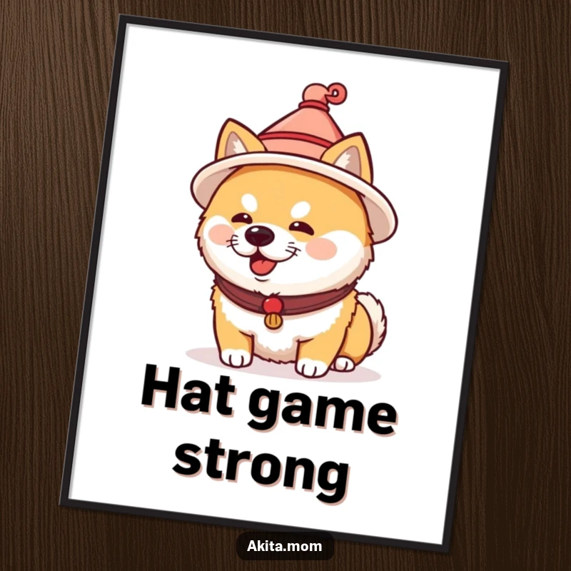 Funny Akita digital art print of a dog wearing a tiny traditional Japanese hat. Humorous and downloadable cultural gift.