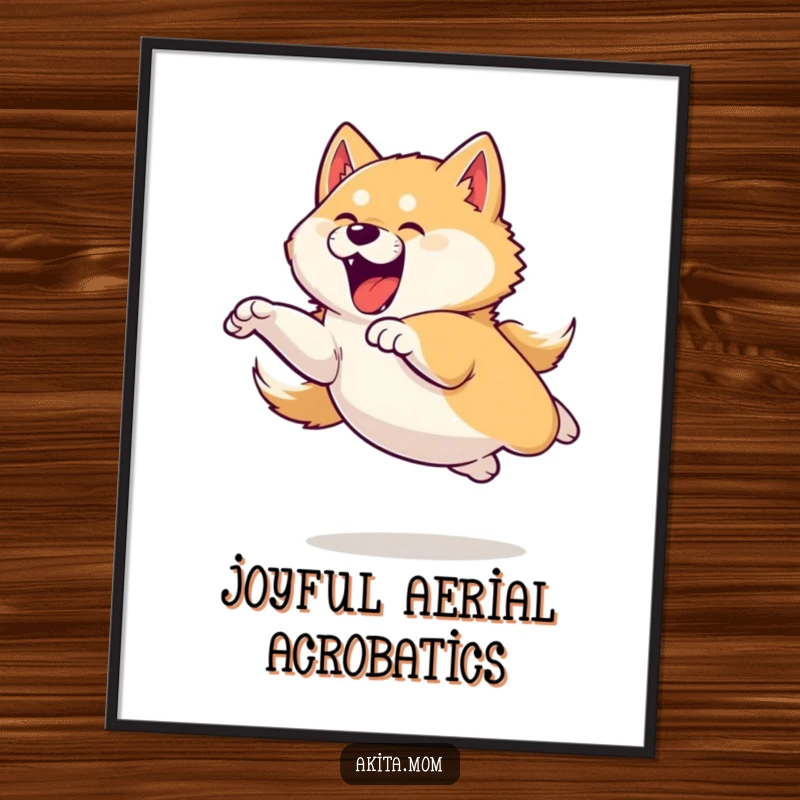 Funny digital art print of an Akita dog in a powerful, yet playful leap, capturing a moment of pure athleticism.
