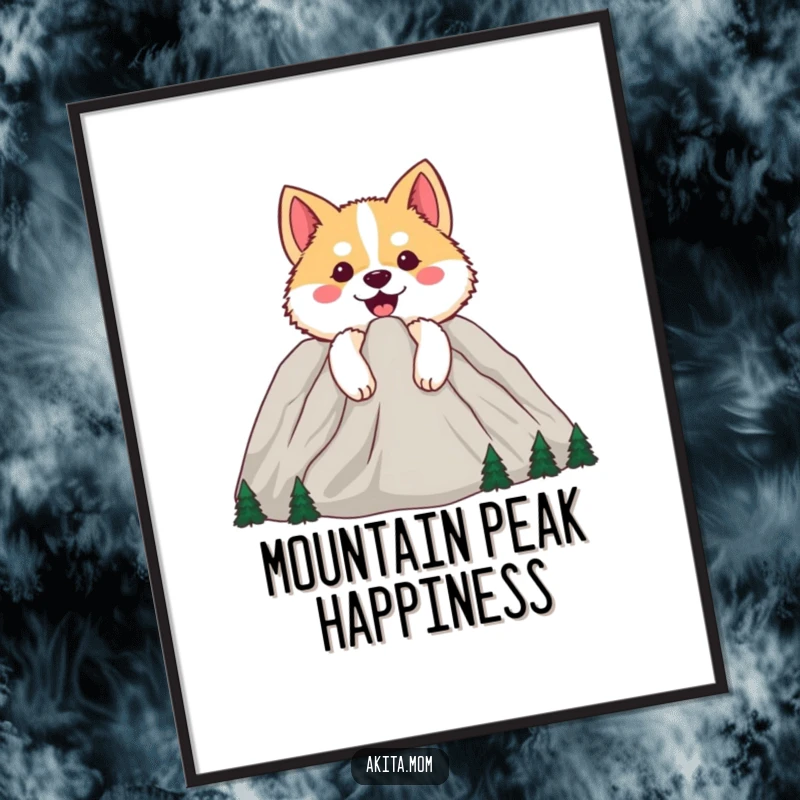 Funny Happy Akita Digital Art Print: Dog peeking from behind a cheerful mountain, offering instant adventurous decor.