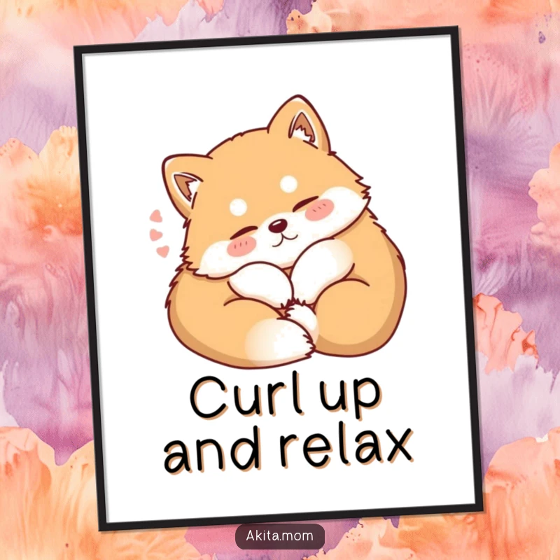 Funny Kawaii Akita digital art print, showing a dog curling up contentedly with a soft sigh, perfect for immediate download and serene home decor.
