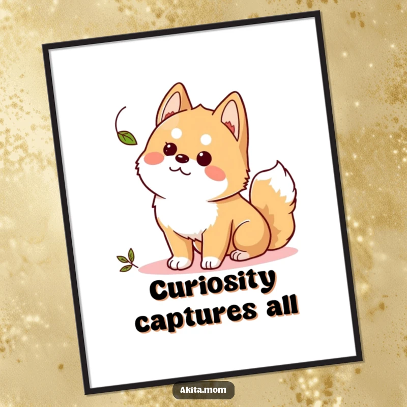 Funny Kawaii Akita digital art print, a curious dog intently watching a fluttering leaf, full of wonder.