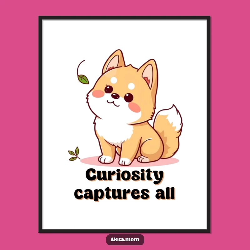 Funny Kawaii Akita Digital Art: Curious Leaf Watcher Print, Instant Humorous Decor