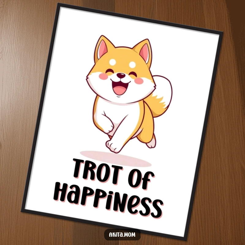 Funny Kawaii Akita digital art print, a happy dog energetically trotting with a curved tail, full of joy.