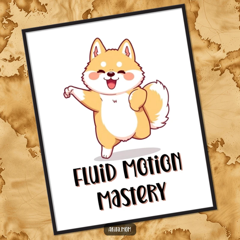 Funny Kawaii Akita digital art print of a dog in graceful, swift movement. Humorous printable decor.