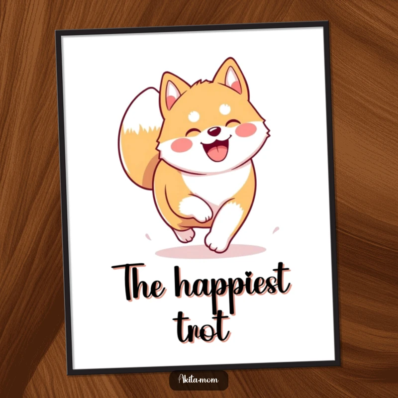 Funny Kawaii Akita digital art print of a dog trotting joyfully. Humorous and cheerful printable wall decor.