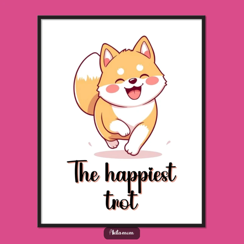 Funny Kawaii Akita Digital Print: Joyful Trotting Dog Art