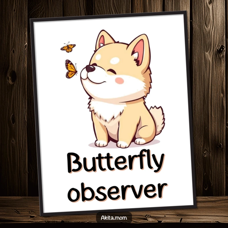 Funny Kawaii Akita digital art print of an Akita with a playful head tilt, observing a fluttering butterfly.