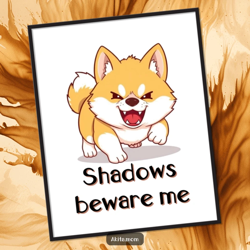 Funny Kawaii Akita digital art print of a dog playfully pouncing on a shadow. Humorous printable decor for Akita fans.