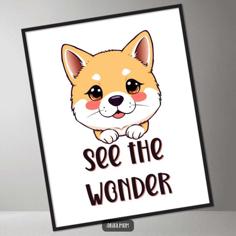 Funny Kawaii Akita dog digital art print, showing a bright, attentive gaze, perfect for instant download and adding focused humor to decor.